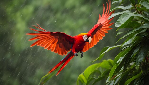 Foto un loro está volando en la lluvia con una planta verde en el fondo