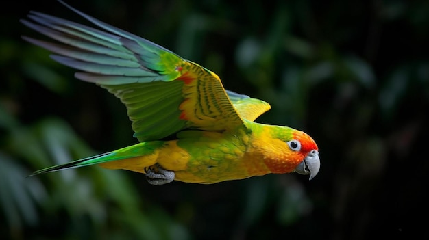 Un loro vuela en el aire con las alas extendidas.