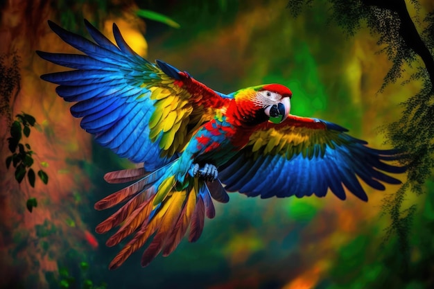 Loro en vuelo sobre el dosel de la selva sus coloridas plumas brillan creadas con ai generativo