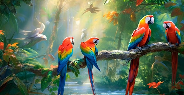 Loros de colores en fondo tropical Imagen generada por IA