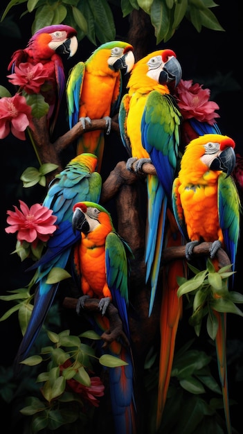 loros coloridos encaramados en un papel pintado de árbol vibrante para el teléfono