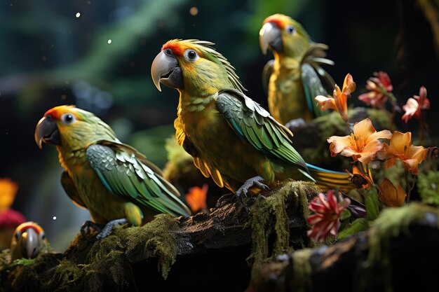 Foto loros coloridos interactúan en la exuberante jungla generativa ia
