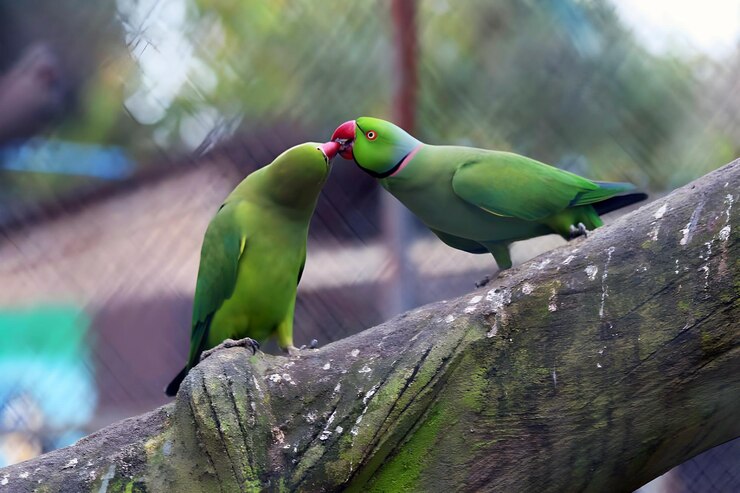 Los loros están sentados en una rama de un árbol en un zoológico de cerca