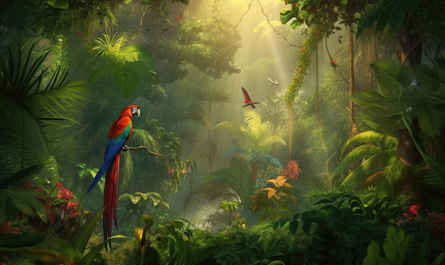 Los loros de la selva tropical dan vida y color a la selva Creando usando herramientas generativas de IA