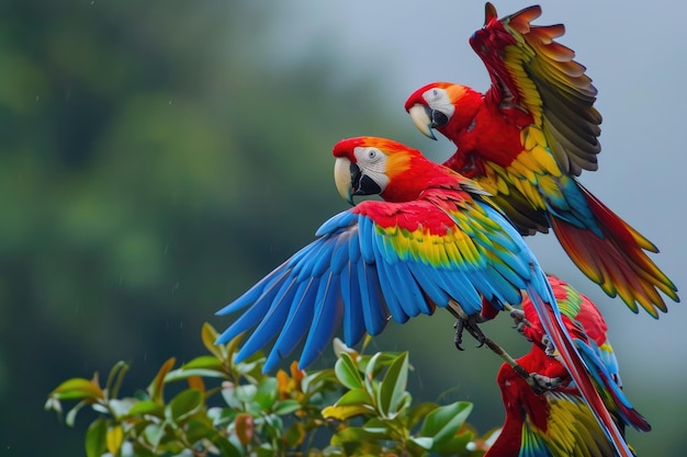 Los loros vibrantes exhiben su plumaje en el bosque