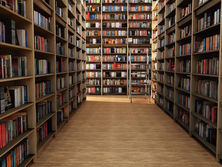 Foto los angeles, ca, eua, 29 de setembro de 2019 muitos livros em inglês são mostrados organizados em prateleiras de metal em uma biblioteca pública