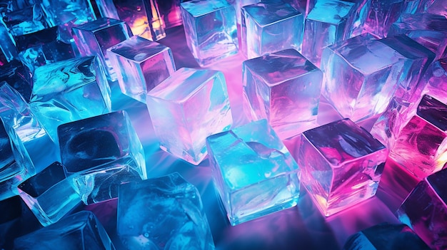 Lote abstrato de cubos de gelo com fundo de reflexão colorido