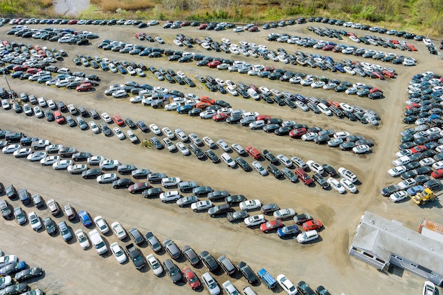 Lote de leilão em carro distribuído em filas um terminal de pátio de carros usados estacionado