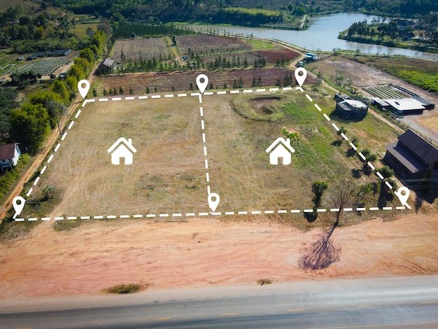 Foto lote de terreno para construção de casa vista aérea campo de terreno com alfinetes localização para subdivisão de habitação desenvolvimento residencial propriedade venda aluguel comprar ou investimento casa ou casa expandir o subúrbio da cidade