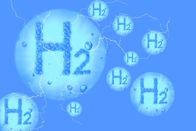 Foto lote de letras h2 con burbujas hidrógeno energía verde del futuro con relámpagos y espalda azul