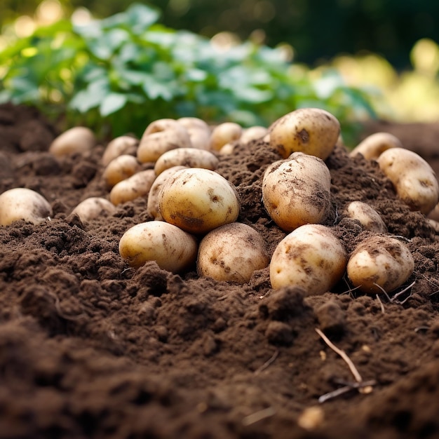 Lote de tubérculos de patata en tierra agricultura de buena cosecha para publicidad de semillas y fertilizantes