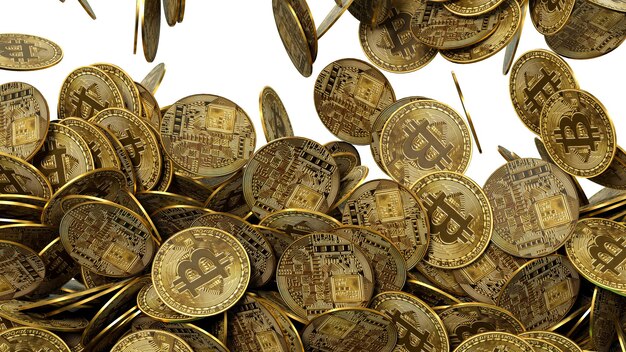 Lotes de moedas de bitcoin caindo renderização 3d