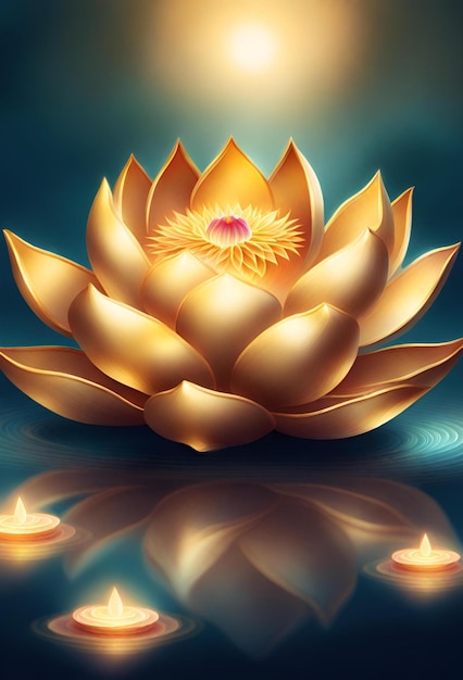 El loto dorado florece por la noche en el agua con una vela.