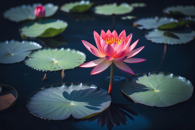 Foto loto rojo lirio de agua floreciendo en la superficie del agua y hojas azules oscuras tonificadas pureza naturaleza fondo planta acuática símbolo del budismo