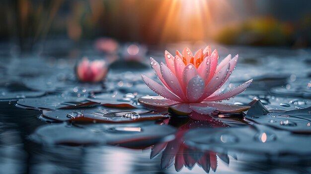 Foto un loto rosado con rayos de sol