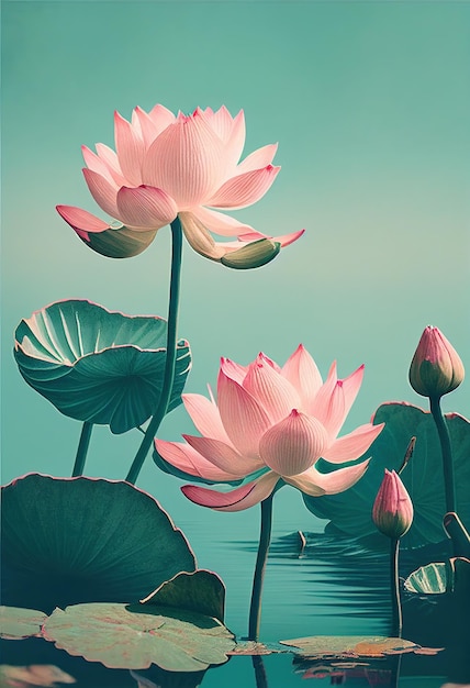 lotos rosas vintage minimalistas en el lago azul claro