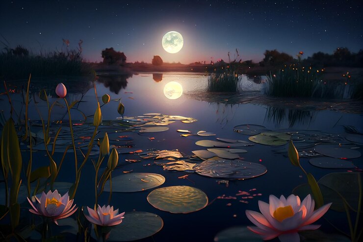 Lotus en el estanque con luna llena en el fondo generativo ai
