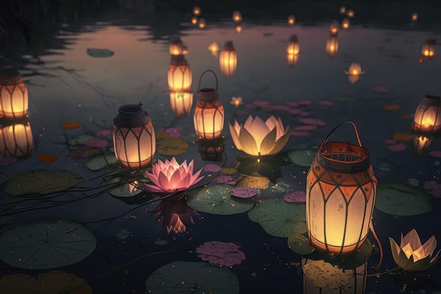 Lotus-Laternen schwimmen auf dem Fluss mit Kerzenlicht Hintergrund Buddha purnima Vesak-Tag Generative ai