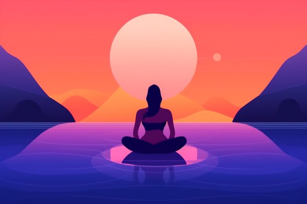 Lotus mulher meditação costas relaxamento exercício ioga oceano estilo de vida pessoa mar Generative AI