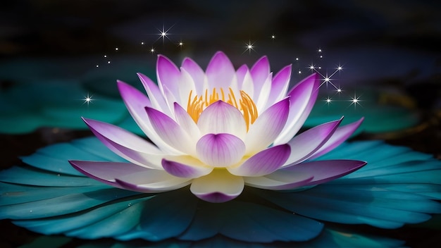 Lotus-weiß, hellviolett, schwebendes Licht, funkelnd.