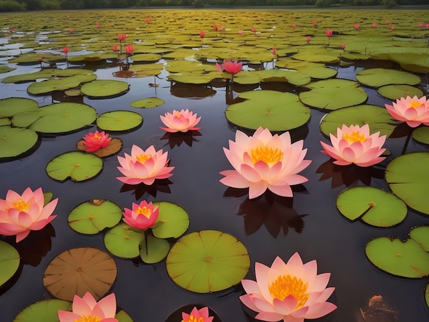 Lotusblume im Teich mit dem Sonnenuntergang