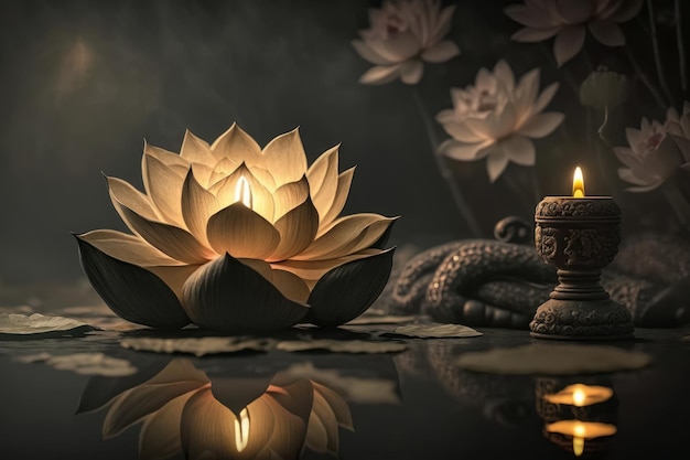 Lotusblume mit Kerzenlicht Hintergrund Buddha Purnima Vesak Tag Generative ai