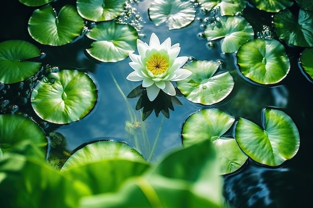 Lotusblume und Blatt von oben in einem Teich, der von Sonneneinstrahlung im Freien beleuchtet wird