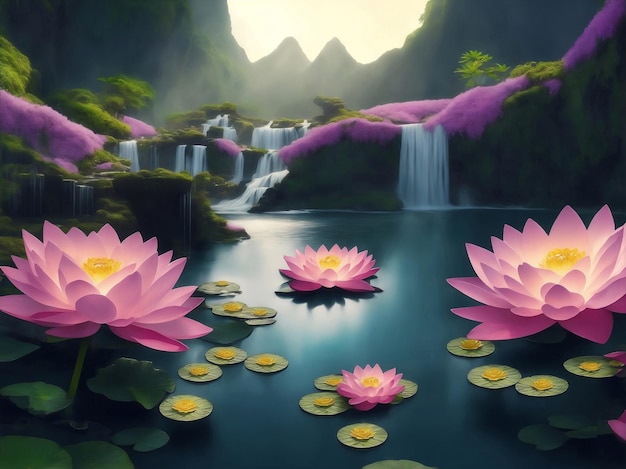 Lotusblumen in einem Fluss mit Berghintergrund Generative KI-Illustration