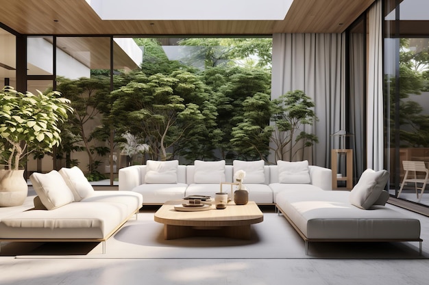 Lounge contemporâneo luxuoso com jardim interno e design de interiores minimalista