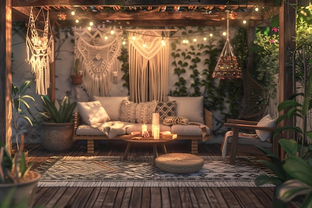 Lounge de pátio bohochic com acentos de macrame e st