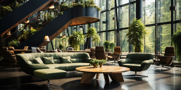 Lounge de zona de espera em escritório contemporâneo com sofá confortável mesa alta e cadeiras plantas naturais verdes conceito de organização de espaço de trabalho interior de estilo high tech