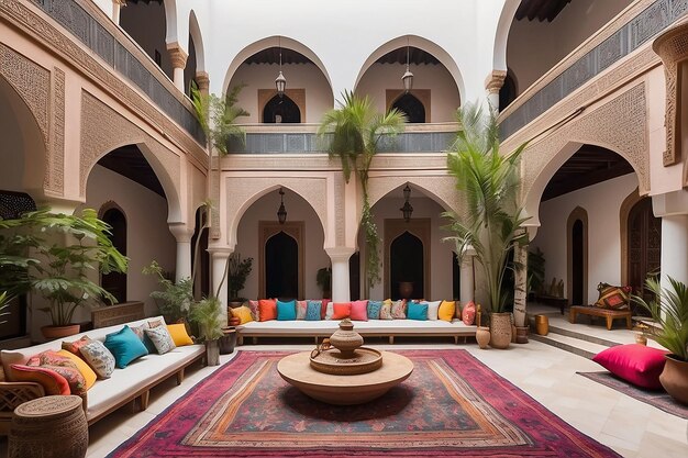 Lounge do pátio do Riad marroquino com decoração vibrante