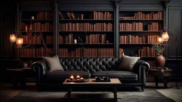 Lounge escuro com estante de sofá de biblioteca Generative Ai