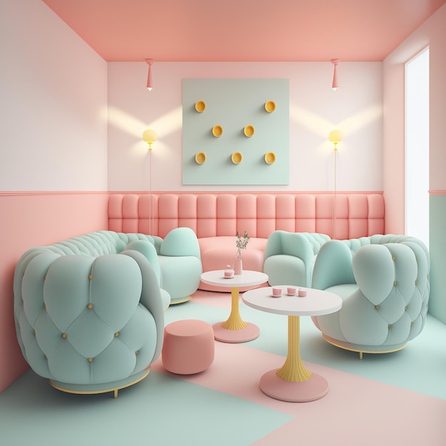 Lounge moderno com um esquema de cores rosa e azul e um esquema de cores rosa e branco