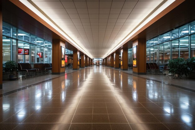 Lounge moderno vazio do terminal do aeroporto Grandes janelas com vistas confortáveis bancas de informações