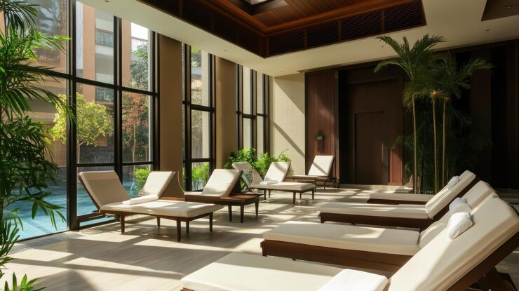 Foto lounge sereno spa relaxante iluminado pelo sol com vistas à piscina
