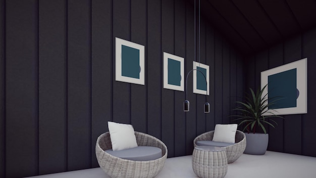 Lounge-Terrasse mit leeren Rahmen und Betonboden 3D-Darstellung