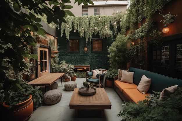 Loungebereich im Freien mit bequemen Sitzgelegenheiten und Topfpflanzen, umgeben von üppigem Grün