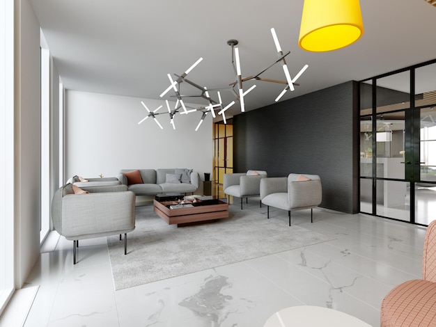 Loungebereich im Inneren eines modernen Hotels 3D-Rendering