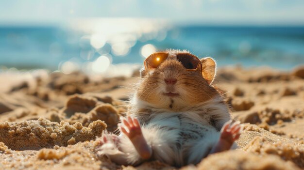 Foto lounges de hamster bonitos em uma praia de areia com óculos de sol elegantes absorvendo o sol