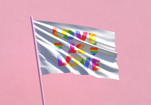 Foto love is love bandera del orgullo ondeando en un fondo de pared rosa para el mes del orgullo lgbtqia, libertad sexual, amor, celebración de la diversidad y la lucha por los derechos humanos en la ilustración 3d