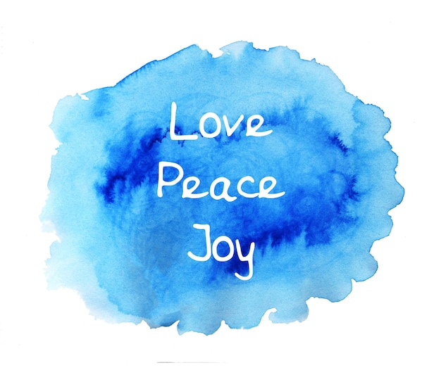 Love Peace Joy Lettering em fundo azul aquarela