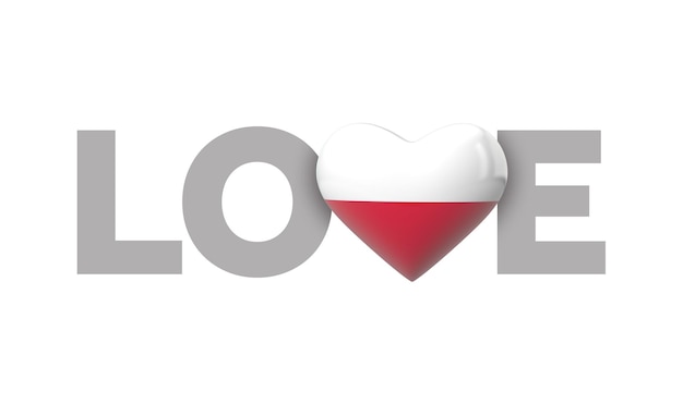 Love polonia bandera en forma de corazón con love word d rendering