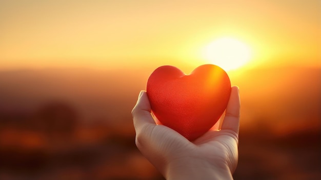 Love's Radiance Silhouette mão segura um coração de papel vermelho simbolizando o romance do Dia dos Namorados sob o pôr do sol