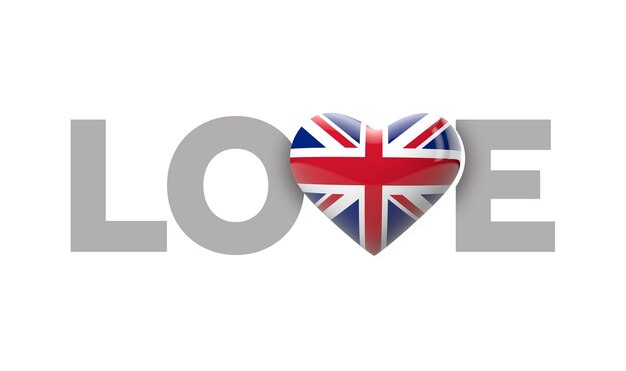 Love uk bandera en forma de corazón con love word d rendering