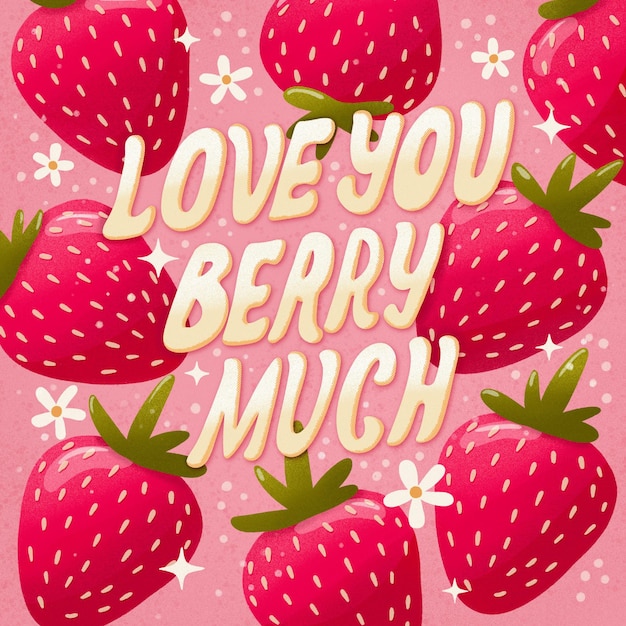 Foto love you berry muito letras ilustração com morangos em fundo rosa desenho de cartão de saudação com um trocadilho de palavras frutas e flores em cores vibrantes para alguém especial