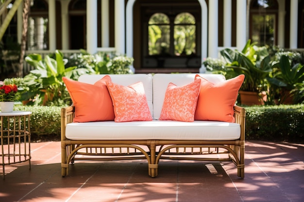 Loveseat adornado com almofadas de coral