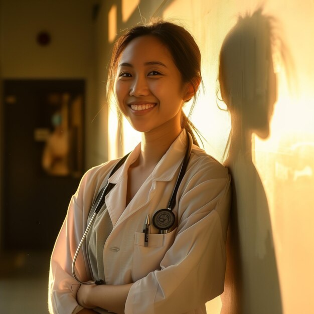 Low-Angle-Aufnahme einer asiatischen Ärztin mit der Hand in der Tasche, die gegen die Wand im Krankenhaus steht