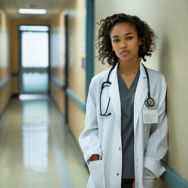 Low-Angle-Aufnahme einer schwarzen Ärztin mit der Hand in der Tasche, die gegen eine Wand im Krankenhaus steht