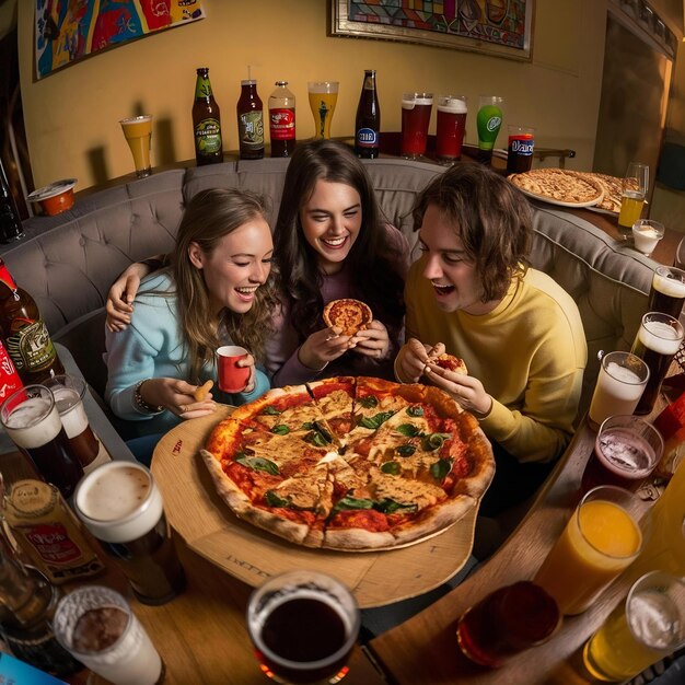 Foto low angle friends with pizza and drinks